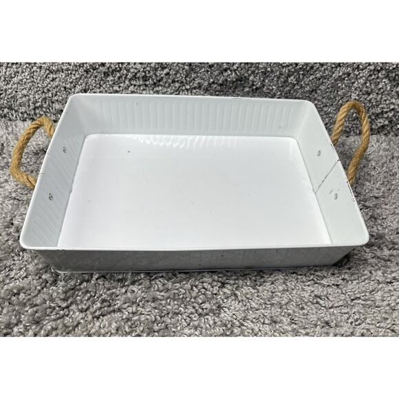 White Metal Serving Tray Rope Handle Farmhouse Rustic 12inX9inX3in Home Decor - Picture 1 of 12